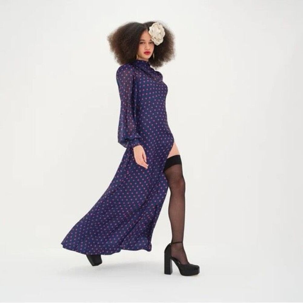 Nwt For Love & Lemons Mavis Blue & Red Polka Dot Maxi Dress Size Xxs